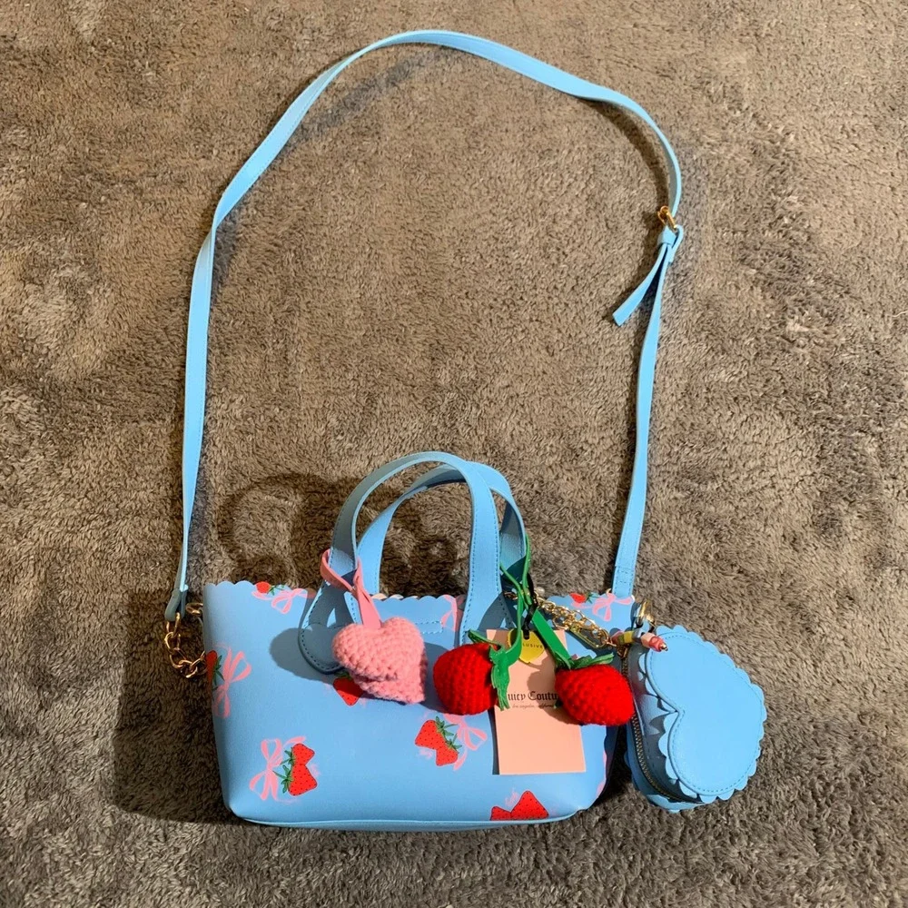 Juicy Couture Strawberry Bow Satchel Blue Crossbody Bag with Coin Purse New